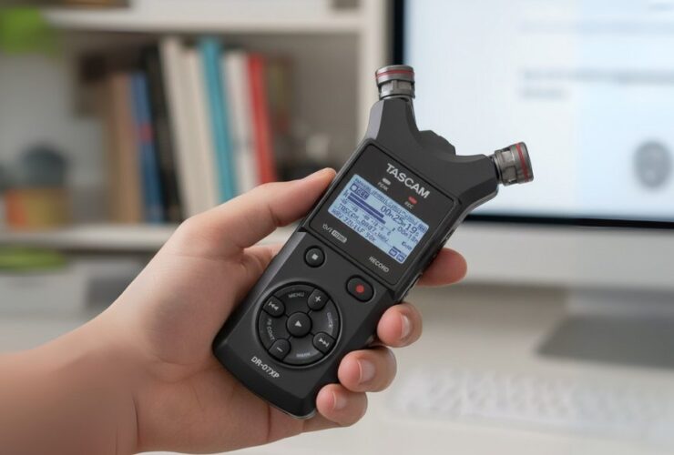 Profesjonalny dyktafon Tascam w dłoni kobiety. Widoczny ekran LCD i parametry. W tle biurko z komputerem i książkami.