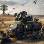 Wojskowy pojazd z systemem antydronowym SKYctrl firmy APS, radary i żołnierze obsługujący sprzęt do wykrywania, śledzenia i neutralizacji dronów.