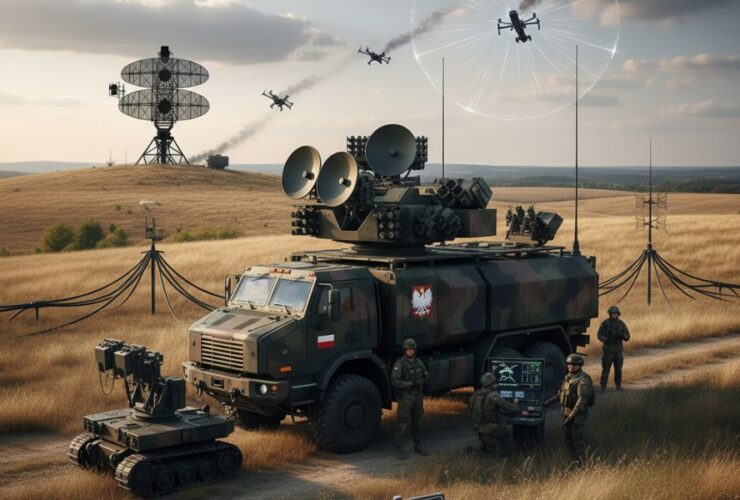 Wojskowy pojazd z systemem antydronowym SKYctrl firmy APS, radary i żołnierze obsługujący sprzęt do wykrywania, śledzenia i neutralizacji dronów.