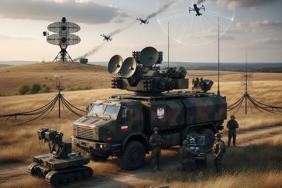 Wojskowy pojazd z systemem antydronowym SKYctrl firmy APS, radary i żołnierze obsługujący sprzęt do wykrywania, śledzenia i neutralizacji dronów.