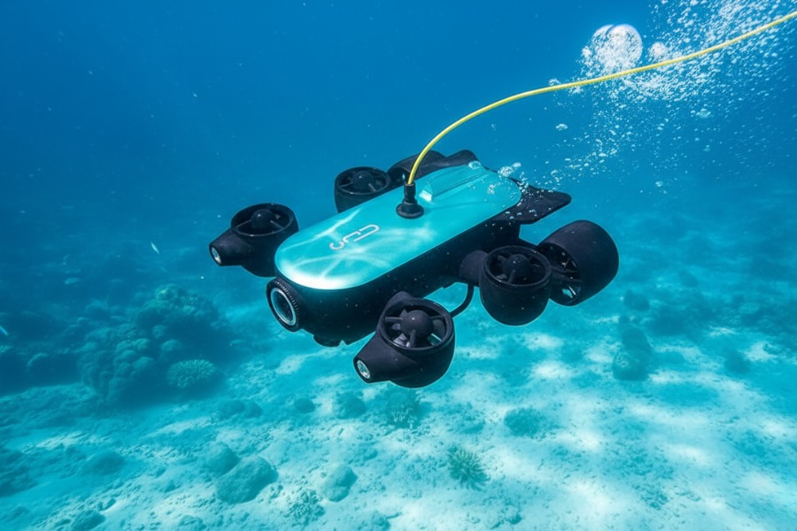 Skuter podwodny na żółtym przewodzie porusza się do przodu pod wodą. W tle błękit wody, bąbelki powietrza i piaszczyste dno ze skałami.