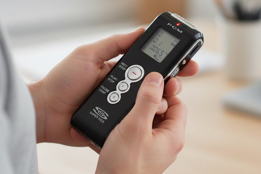 Dyktafon cyfrowy Tascam DR-22WL trzymany w rękach kobiety.