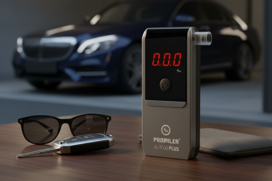 Alkomat PROMILER AL-8000 Plus leży na biurku obok kluczyków samochodowych, w tle widoczny samochód w garażu. Na wyświetlaczu wynik 0,00‰.