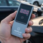 Osoba trzyma w dłoni elektrochemiczny alkomat PROMILER AL-8000 Plus podczas testu na parkingu samochodowym.