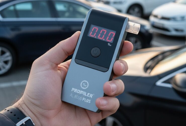 Osoba trzyma w dłoni elektrochemiczny alkomat PROMILER AL-8000 Plus podczas testu na parkingu samochodowym.