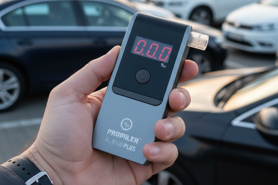 Osoba trzyma w dłoni elektrochemiczny alkomat PROMILER AL-8000 Plus podczas testu na parkingu samochodowym.