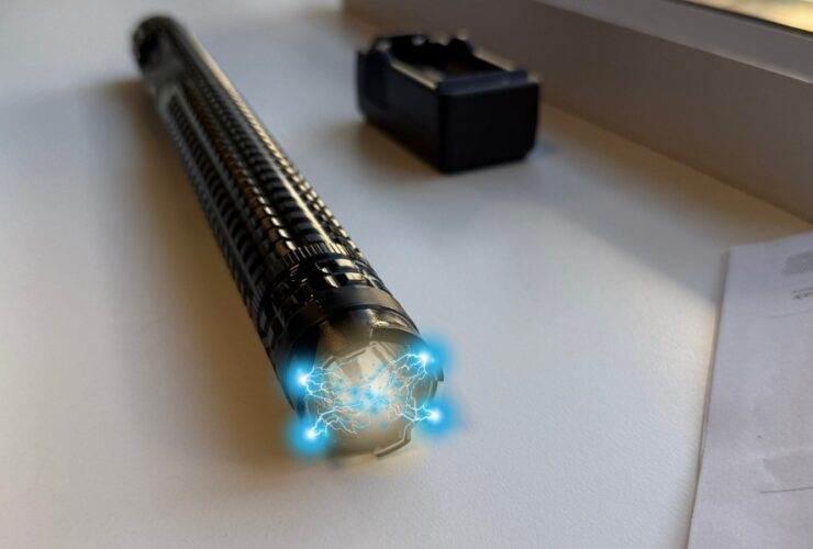 Najmocniejszy paralizator na rynku bez zezwolenia Paralyseur X8 leży na białym blacie. W tle widoczna ładowarka akumulatorów. W górnej części urządzenia widać błysk prądu.