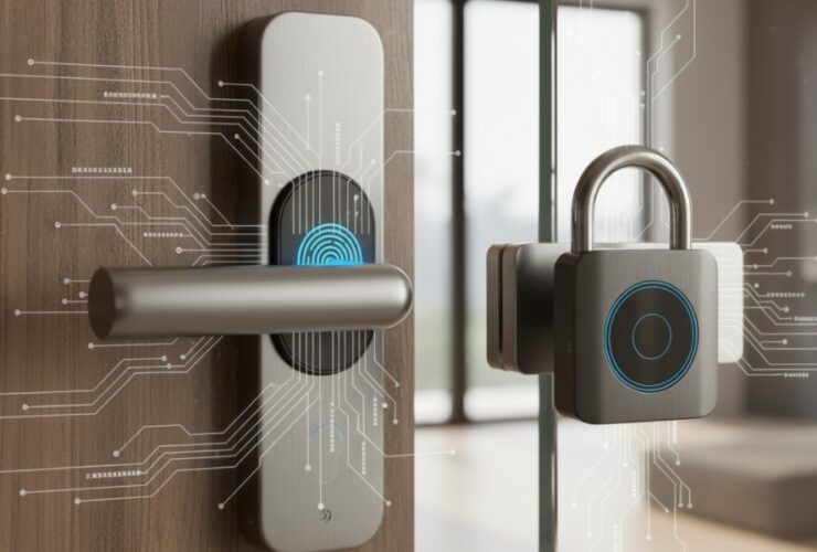 Nowoczesny zamek elektroniczny z czytnikiem linii papilarnych na drewnianych drzwiach obok inteligentnej kłódki z cyfrowym panelem, symbolizujących bezpieczeństwo i technologię smart home.