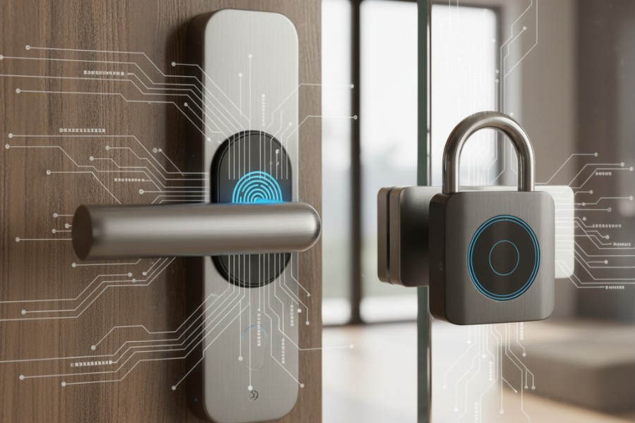 Nowoczesny zamek elektroniczny z czytnikiem linii papilarnych na drewnianych drzwiach obok inteligentnej kłódki z cyfrowym panelem, symbolizujących bezpieczeństwo i technologię smart home.