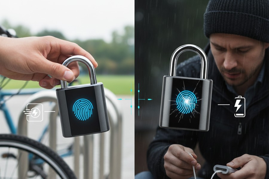 Ilustracje przedstawiające użycie kłódek z czytnikiem linii papilarnych.