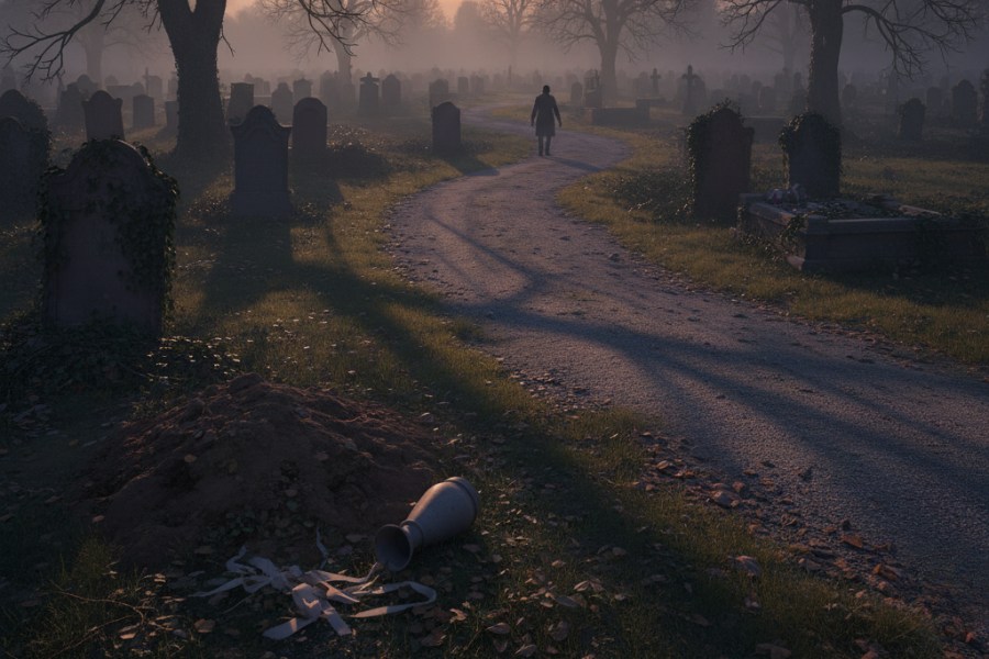 Ponury cmentarz we mgle, w tle drzewa bez liści i zachodzące słońce. Widoczna ścieżka, którą porusza się zamaskowany człowiek.