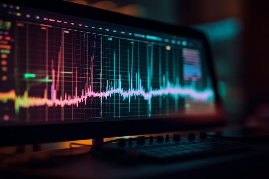 Monitor z kolorowym wykresem fal i pików audio w ciemnym studiu; ekran analizy symbolizuje sprawdzanie metadanych i autentyczności pliku wideo.