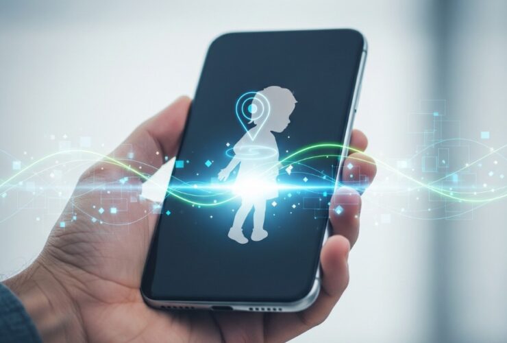 Smartfon z ikoną dziecka i lokalizacją GPS symbolizujący monitoring za pomocą aplikacji mobilnej.