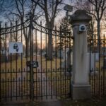 Brama wejściowa cmentarza z kamiennym filarem, na którym zamontowano kamerę monitoringu. W tle jesienny krajobraz.