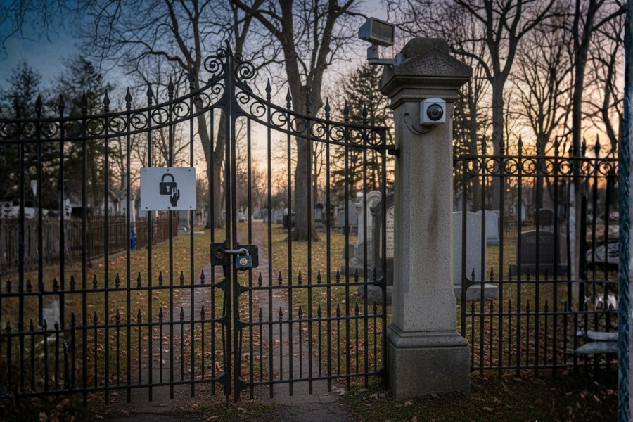 Brama wejściowa cmentarza z kamiennym filarem, na którym zamontowano kamerę monitoringu. W tle jesienny krajobraz.