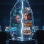 Laboratorium przyszłości – kryształ z jasną szczeliną pokazuje kod i ujęcia twarzy oraz plenerów; wokół stoją sylwetki obserwatorów.