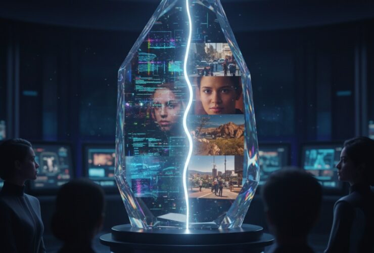 Laboratorium przyszłości – kryształ z jasną szczeliną pokazuje kod i ujęcia twarzy oraz plenerów; wokół stoją sylwetki obserwatorów.