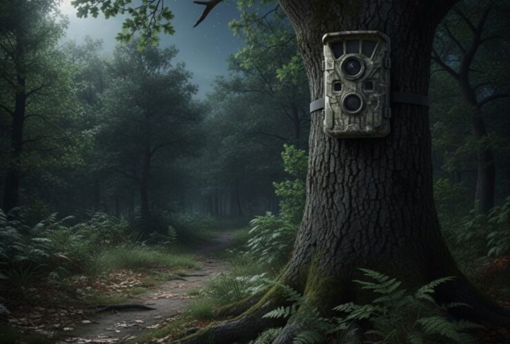 Zestaw fotopułapek w kamuflażu moro z akcesoriami: bateriami, kartami pamięci i panelem solarnym – nowoczesne modele do ochrony domu i działki