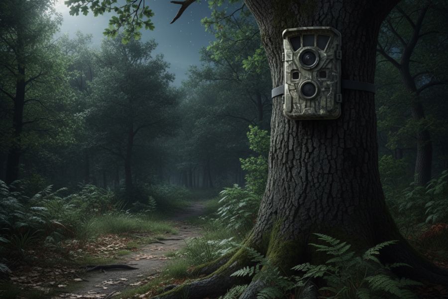 Zestaw fotopułapek w kamuflażu moro z akcesoriami: bateriami, kartami pamięci i panelem solarnym – nowoczesne modele do ochrony domu i działki