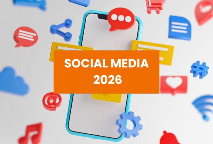 Grafika przedstawia telefon w tle, dookoła niego znajdują się popularne ikonki z social mediów.