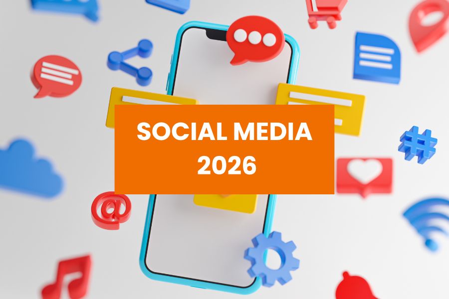 Grafika przedstawia telefon w tle, dookoła niego znajdują się popularne ikonki z social mediów.