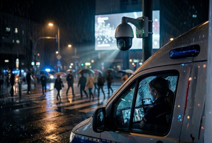 Nowczesna kamera monitoringu AI zamocowana na słupie. W tle widoczny jest miejski ruch uliczny: piesi na pasach i przejeżdżające samochody.