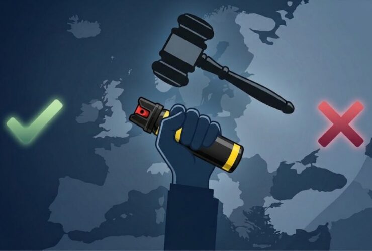 Puszka gazu pieprzowego w dłoni. W tle widoczna jest mapa Europy, młotek sędziowski oraz symbole: fajki i krzyżyka.