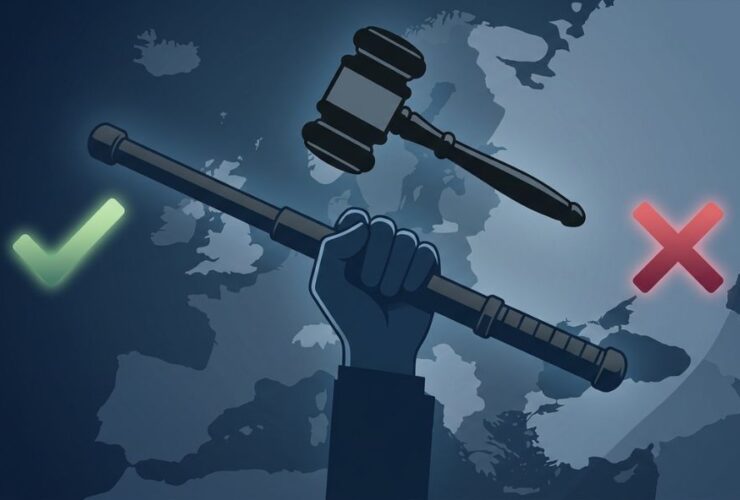 Legalność pałki teleskopowej w Europie – ręka z pałką, symbole legalności i zakazu, mapa Europy w tle