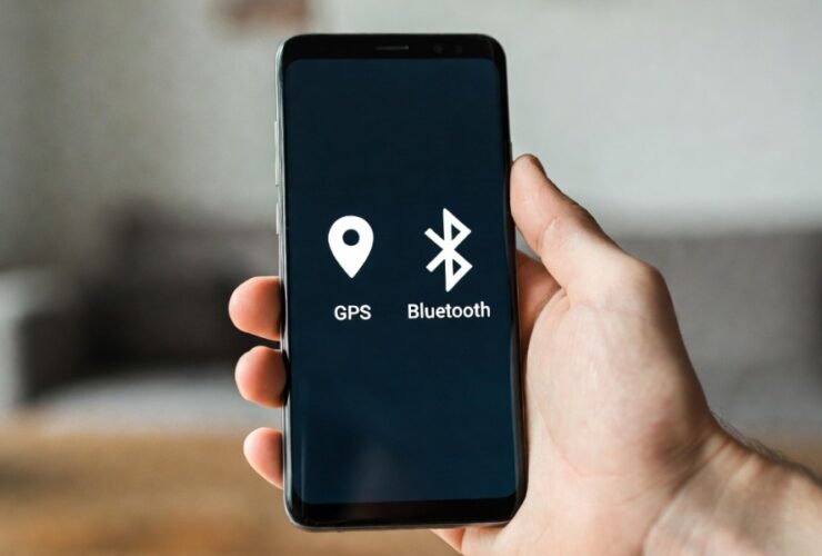 Smartfon z ikonami GPS i Bluetooth na ekranie – wizualne porównanie technologii lokalizatora GPS i lokalizatora Bluetooth