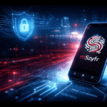 Smartfon z aplikacją mSzyfr na tle cyfrowej sieci i symbolu kłódki, bezpieczeństwo komunikacji państwowej.