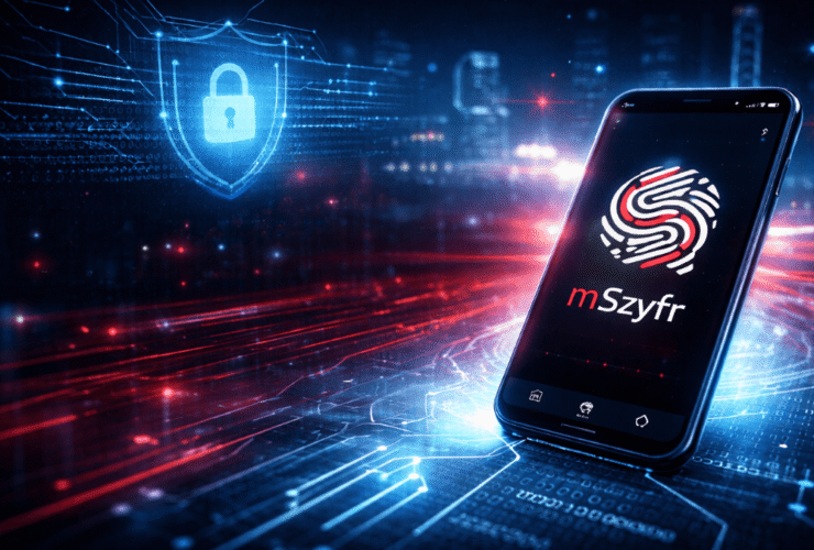 Smartfon z aplikacją mSzyfr na tle cyfrowej sieci i symbolu kłódki, bezpieczeństwo komunikacji państwowej.