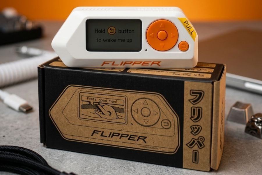 Urządzenie Flipper Zero z pomarańczowymi przyciskami leży na pudełku.