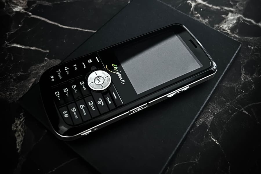 Telefon Tripleton Enigma E2 leży na czarnym pudełku na marmurowym blacie.