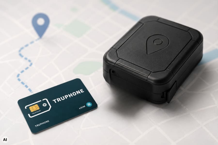 Po prawej stronie widoczny jest czarny lokalizator GPS, a obok niego znajduje się karta SIM. W tle widoczna jest mapa.