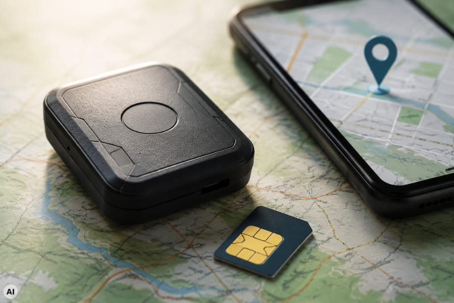 Czarny lokalizator GPS, a obok smartfon z uruchomioną aplikacją do śledzenie. Obok przedmiotów znajduje się karta SIM.
