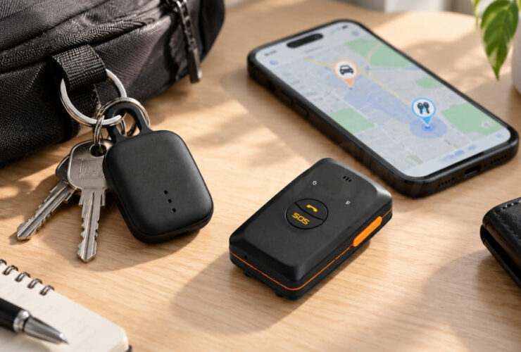 Lokalizator notiOne go! PLUS przypięty wraz z kluczami do spodni, a obok na stole znajduje się lokalizator GPS i telefon z aplikacją lokalizatora.