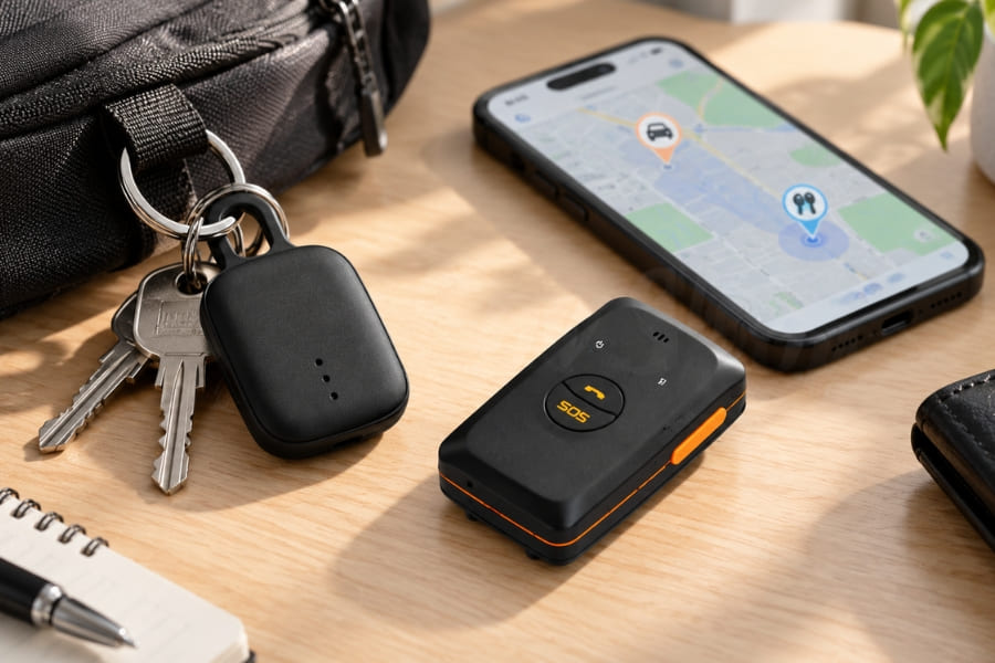 Lokalizator notiOne go! PLUS przypięty wraz z kluczami do spodni, a obok na stole znajduje się lokalizator GPS i telefon z aplikacją lokalizatora.